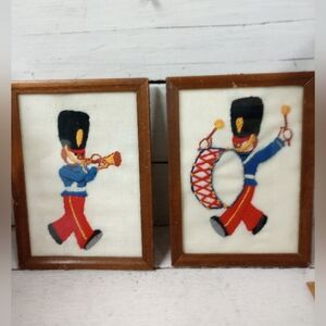 Vintage Set of 2 Framed Crewel Sewn Needlepoint Drummers Pictures Retro.